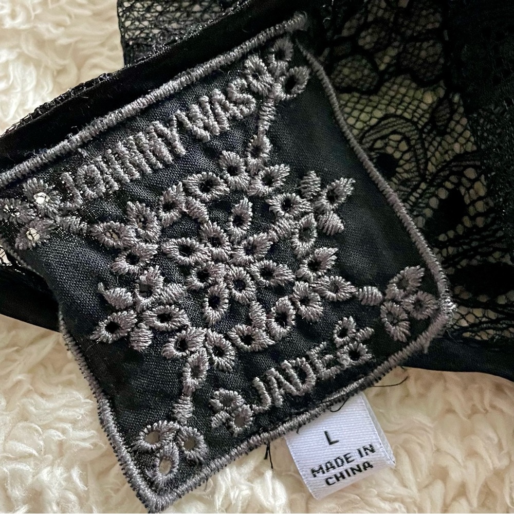 Johnny Was Emerald Green 100% Silk Maxi Dress Black Lace Accents Sz Large Belt - Picture 9 of 15